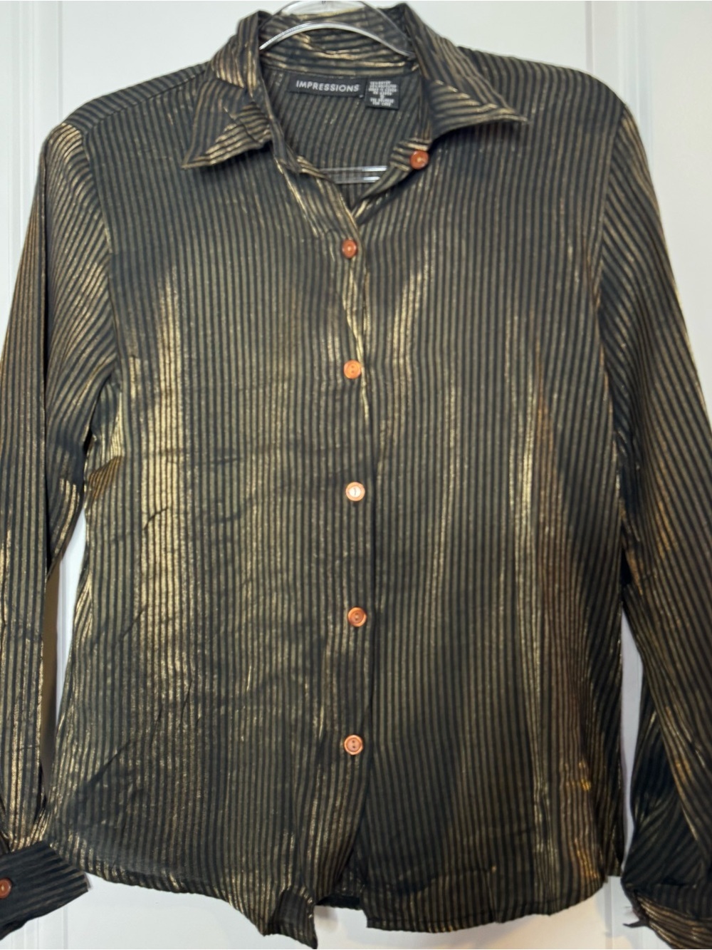 Impressions Metallic Striped Button-Up Shirt - Black & Gold sz small long sleeve